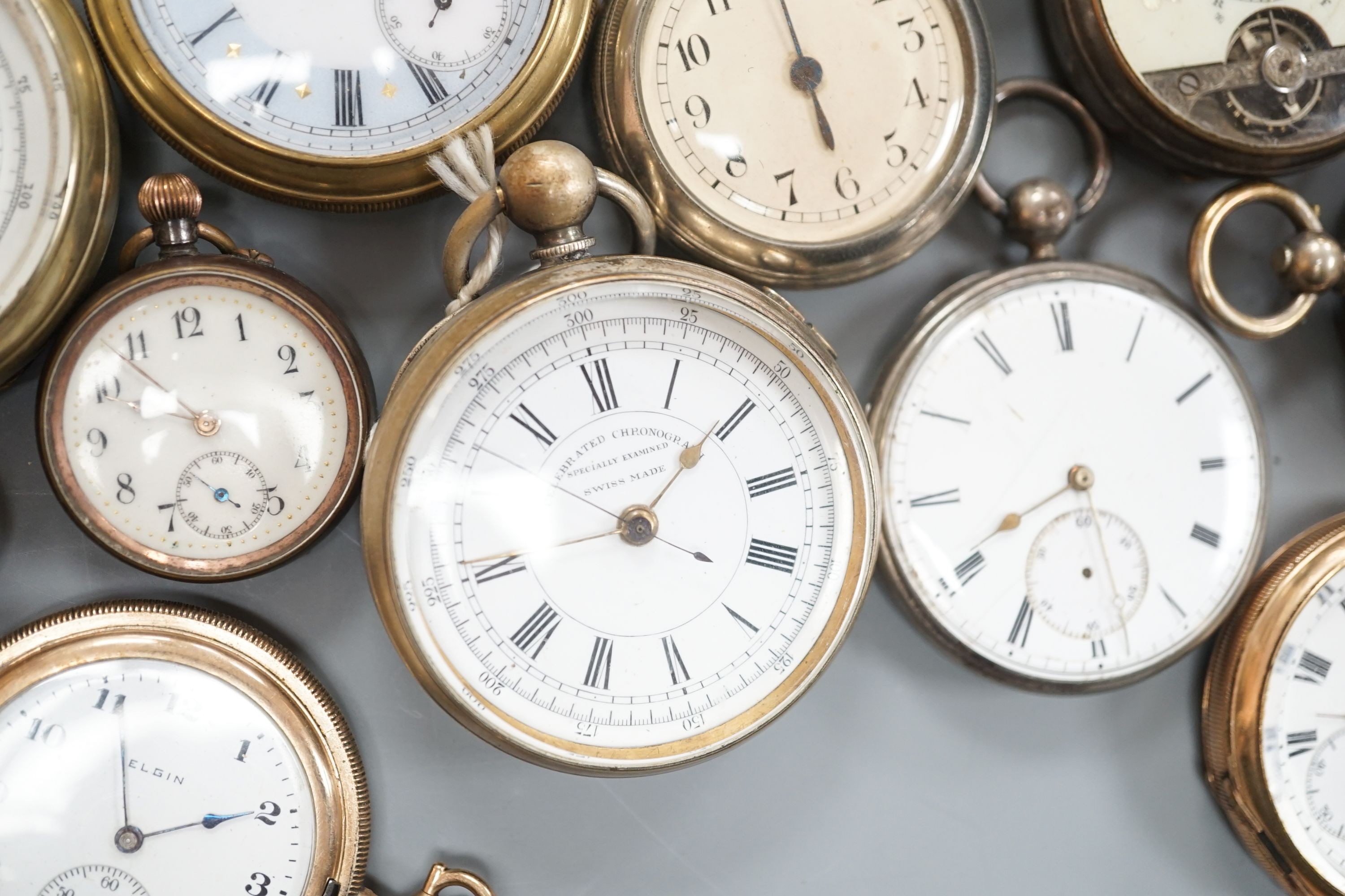 A small collection of assorted base metal and gold plated pocket watches including Hebdomas and Waltham and a small quantity of watch parts.